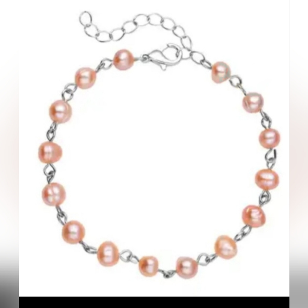 Peach Freshwater Cultured Pearl Anklet (8-10 In) in Silvertone
